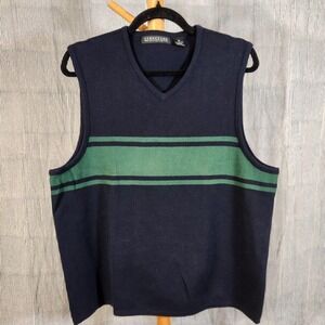 Vintage 90s Structure $58 Medium Navy Green Stripe Cotton V-Neck Sweater Vest